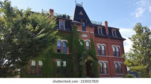 A Red Brick Building Covered In Crawling Vines.