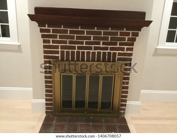 Red Brick Fireplace Wood Mantel Stock Photo Edit Now 1406708057