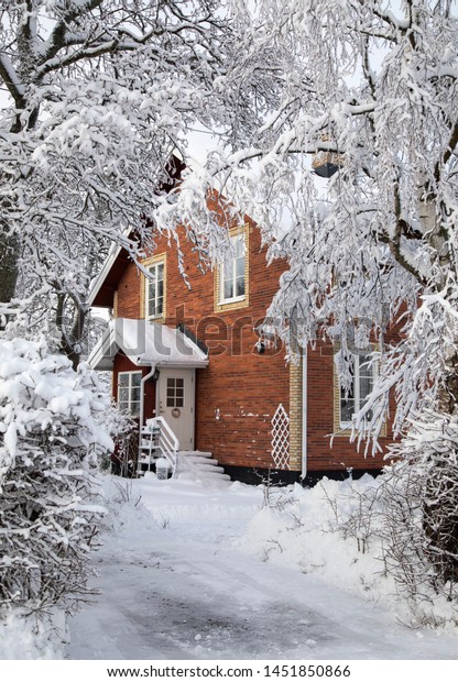 Red Brick House Frame Snowcovered Trees Stock Photo Edit Now