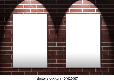 Red Brick Wall With Blank Text Areas For Playbill, Menu, Or Announcements.