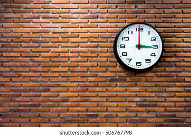 Red brick wall clock Interior Background,clock on brick wall background