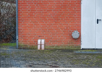 Red brick wall featuring two white pipes and a white door with a black handle on a paved ground covered with moss and fallen leaves outdoors.