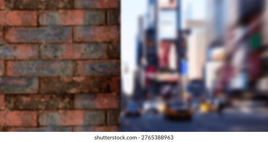 Red brick wall is splitting flat vector scene beside blurred busy street, with digital billboards. Urban, industrial, gritty, vibrant, dynamic, modern, architectural