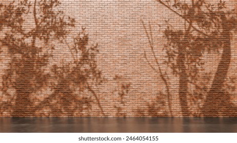 Red brick wall summer background with trees shadows and sunlight and black floor. Brick wall copy space background. grunge rustic weathered wall masonry texture backdrop - Powered by Shutterstock