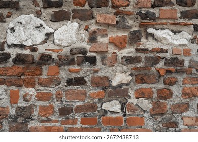 Red brick wall texture background, rough masonry surface with weathered bricks, old construction material detail close up, rustic architecture pattern for design and seamless texture concepts