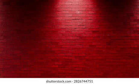 Red brick wall texture background illuminated by spotlight from top, dark illuminated brickwork surface backdrop for modern interior design, night club stage performance, and product showcase.