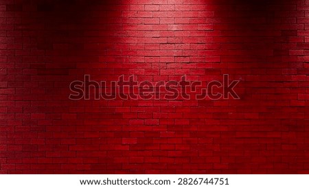 Red brick wall texture background illuminated by spotlight from top, dark illuminated brickwork surface backdrop for modern interior design, night club stage performance, and product showcase.