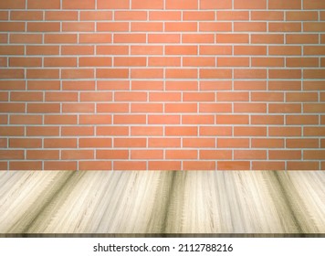 Red Brick Wall Texture And Natural Patterned Wood Floor, No People And Copy Space.