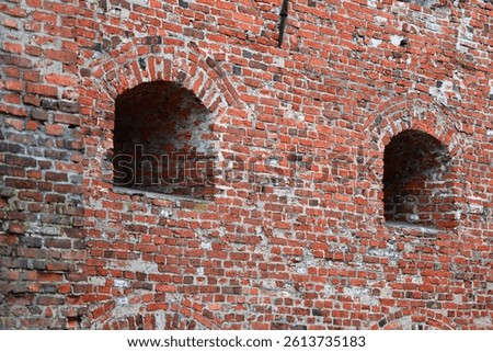 A red brick wall with two arched windows, suitable for use in architectural or interior design context.