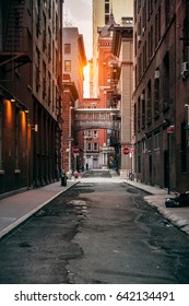 Red Bricks Building At New York City Street At Sunset Time.