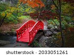 Red bridge in Japanese garden at Bloomfield hills in Michigan.
