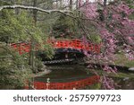 red bridge over pond in duke gardens