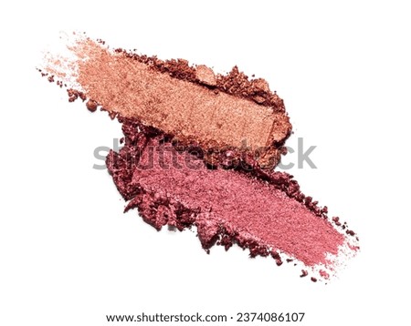 Red and bronze shimmering eye shadow texture swipe isolated on white background. Cosmetic product brush swatch