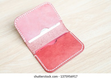 Red Brown Leather Card Holder On Wood, Craftsmanship Object