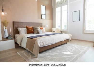 Red Brown Tone Bedroom With Wood Wall , Carpet And Armchair. Big Bedroom And Window.