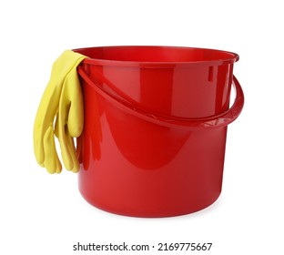 Red bucket with gloves for cleaning isolated on white - Powered by Shutterstock