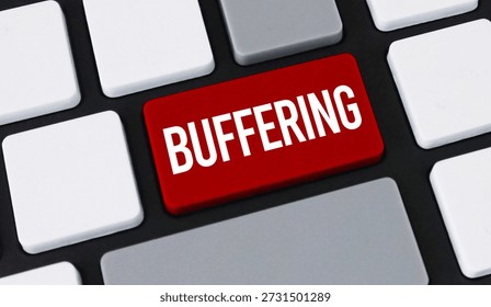 Red buffering button on computer keyboard. Concept of slow video streaming, internet lag and system loading.