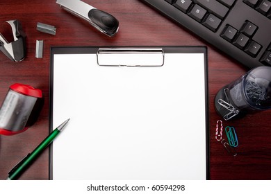 Red Business Desk With Office Stationery