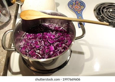 Red Cabbage Boiling In A Stainless Steal Pot