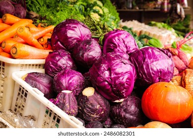 Red cabbage close-up on the farmers market. High quality photo