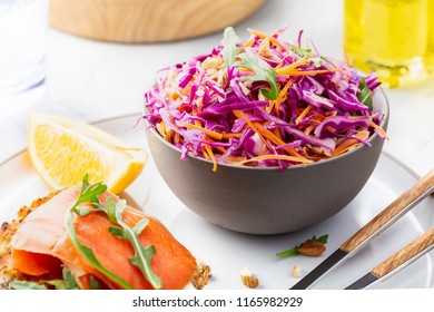 Red Cabbage Coleslaw Salad with Carrots and Greens. Healthy food concept. - Powered by Shutterstock