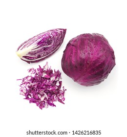 Red Cabbage With Water Drop And Slice Isolated On White Background , Top View.