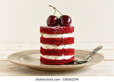 Red Cake With Cherry. Cake Sweet Dessert For Holiday