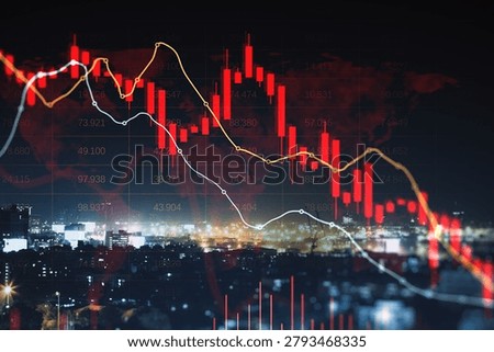 Red candlesticks and falling trend lines over night city background in a creative graphic style showing financial crisis concept