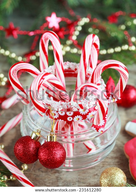 Red Candy Canes Glass Jar Between Stock Photo Edit Now 231612280