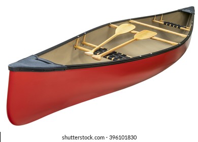 Red Canoe With A Pair Of Wooden Paddles,  Isolated On White