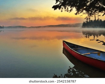 Red canoe peaks out of the right foreground pointing to the sunrise over a misty lake - Powered by Shutterstock