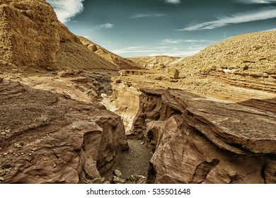 The Red Canyon tourist attraction in  Israel (HDR image, black gold filter)