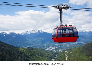 Red car of the aerial tramway connecting two high peaks at Whistler Mountain in British Columbia, Canada with blue sky and white clouds