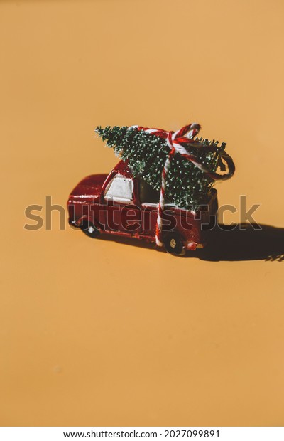 a red car delivering a Christmas tree. new\
year, christmas
