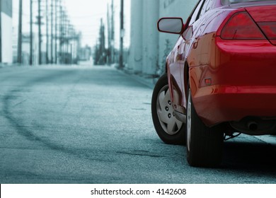Red car detail. Los Angeles street behind. - Shutterstock ID 4142608