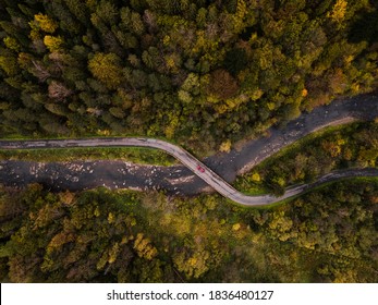 Red Car Drive On Winding Curvy Road In Forest. Bridge Crossing Over Rover. Autumn Season. Drone View.