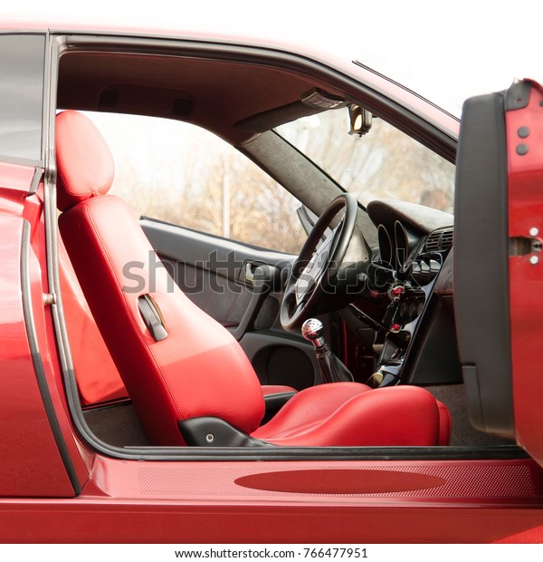 Red car interior. Red\
upholstery 