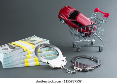  Red Car  Money Handcuffs. Shopping For Vehicles Fraud Car Sale Scam  Breaking The Law Car Dealer Concept.