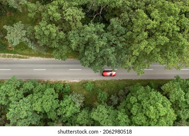 Red Car On Forest Road, Motion Blur, Aerial View