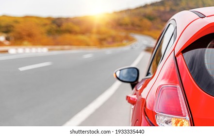 Red Car On The Side Of The Highway. Road Trip.