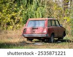 A red car is parked in a grassy field. The car is old and rusted, and it is abandoned. The scene has a sense of loneliness and decay, as the car is left to rust away in the grass