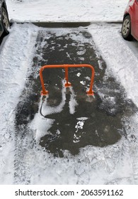 Red Car Parking Lock In Winter Day, Top View, Closeup