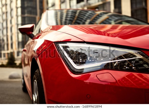 Red car seat in the modern city minimalism perfect color\
lights fresh 