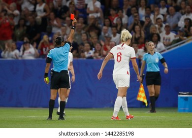 Red card Millie Bright of England and referee Edina Alves Batista during the FIFA Women's World Cup France 2019 semi-final football match vs England and USA July 2, 2019 Groupama Stadium Lyon France