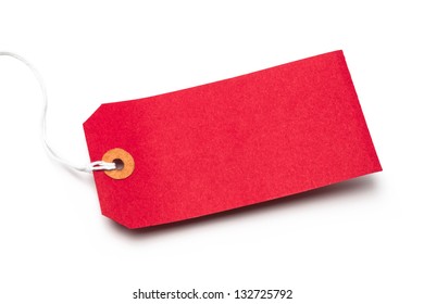 Red Cardboard Or Paper Luggage Tag With String And Shadow, Isolated On A White Background