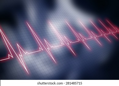 Red Cardiogram Graphic Line Over Blue Blurry Image Of Cardiopulmonary Resuscitation. Vital Signs.