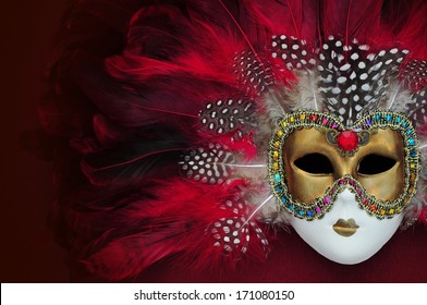 Red Carnival Mask With Feathers 