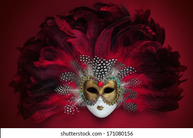 Red Carnival Mask With Feathers 