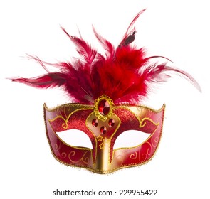 Red Carnival Mask With Feathers Isolated On White