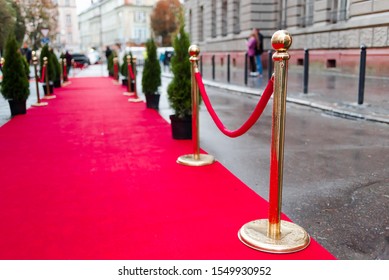 Red carpet at an exclusive event. Award ceremony red carpet and golden stanchions. Festive event or celebrity entrance concept. - Shutterstock ID 1549930952